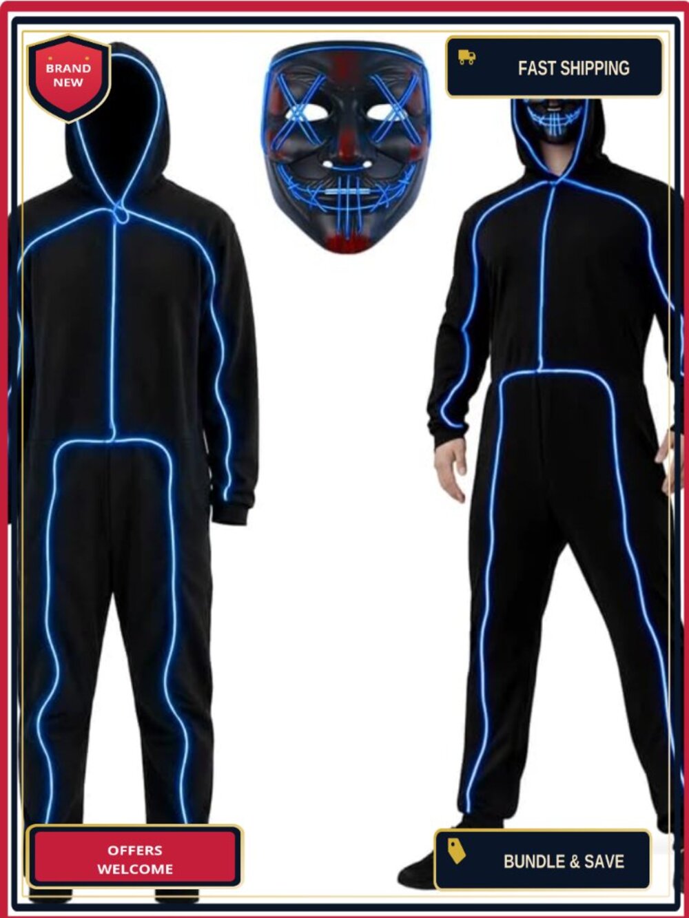 Adult Light-Up Stick Figure Halloween Costume Jumpsuit with Mask Unisex